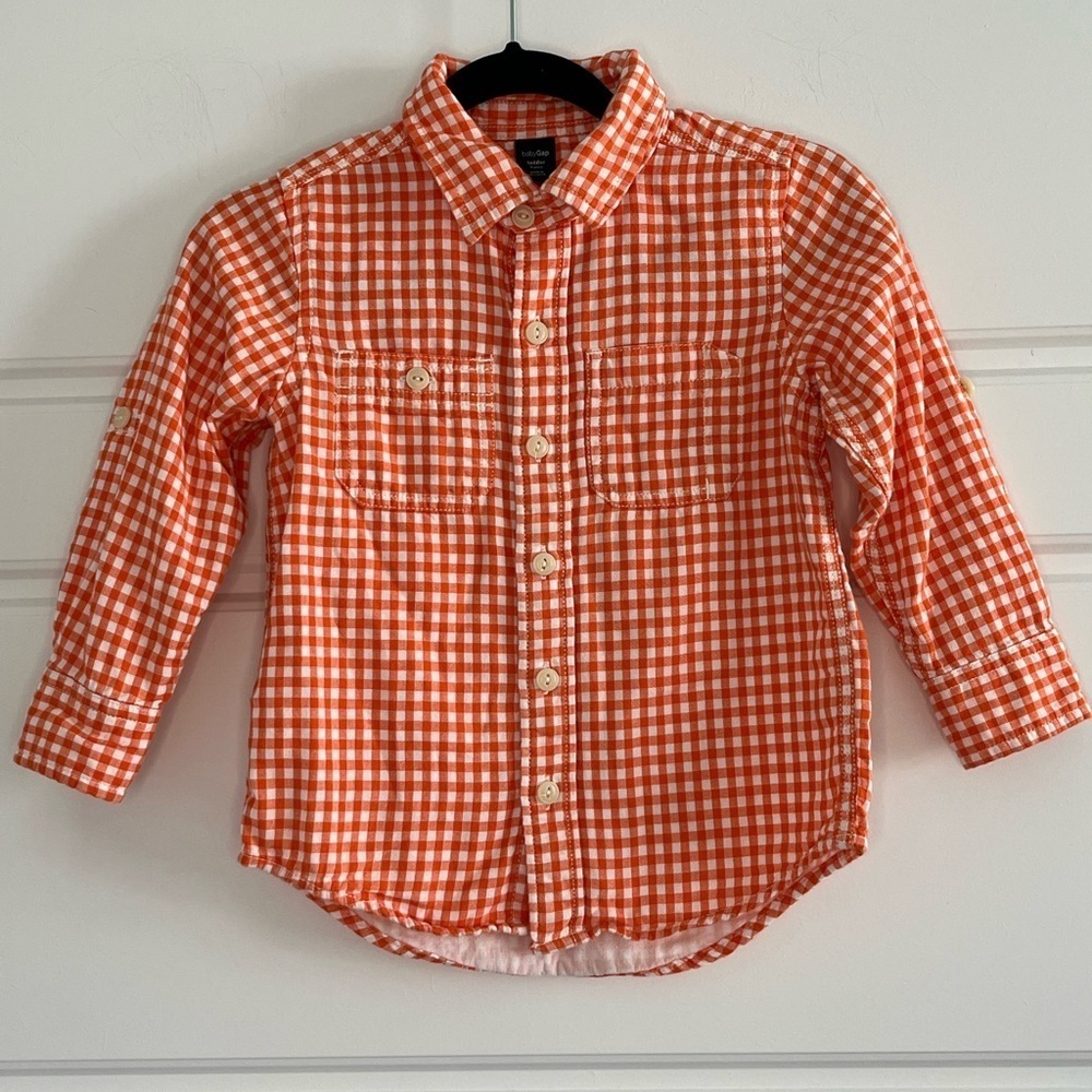Baby Gap 100% Cotton Orange White Boys Button Down Shirt Size 3Yrs Fall Autumn